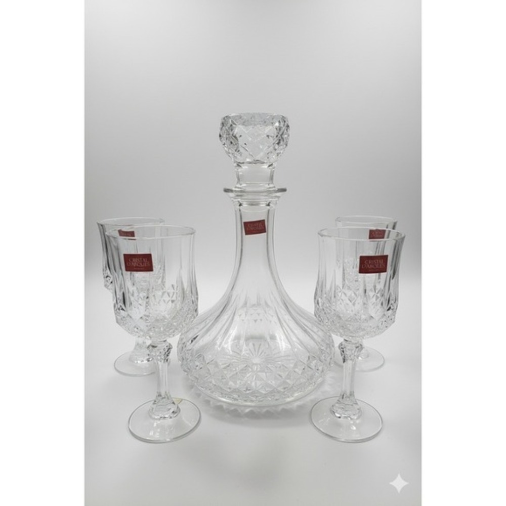 Cristal d'Arques Longchamp Crystal Decanter‎ Set with 4 Wine Glasses in Box